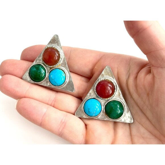XL Hammered Pewter Turquoise & Coral Vintage Large Statement Earrings - Picture 10 of 10